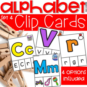 Alphabet clip cards set 4 for a fun way to practice letters and beginning sounds with preschool, pre-k, and kindergarten students.