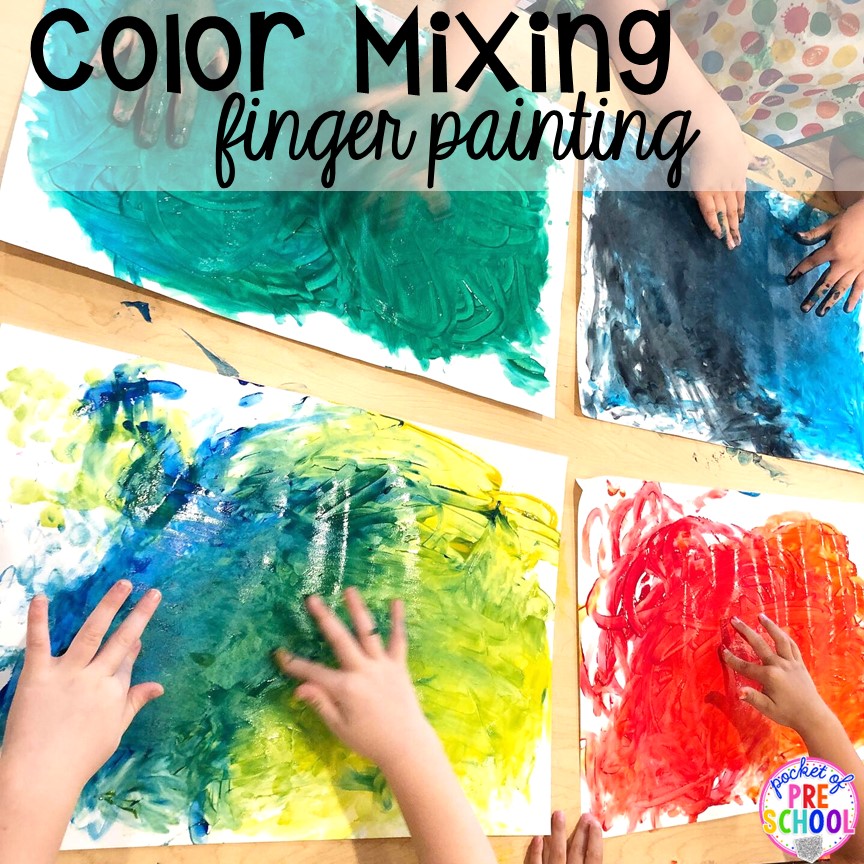 Color mixing finger painting open ended art activity! Plus more fun color mixing activities for the art center, science center, and small group! Your preschool, pre-k, and kindergarten students will LOVE exploring primary and secondary colors and practice various science skills as they explore.