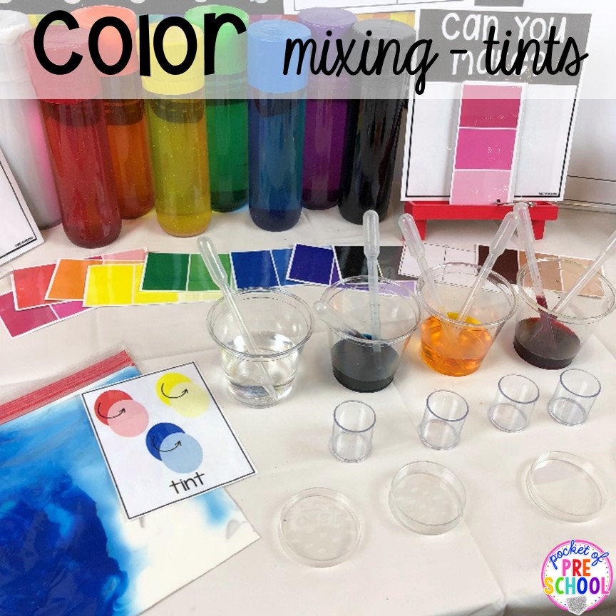 Color mixing, making tints of colors with water! Plus more fun color mixing activities for the art center, science center, and small group! Your preschool, pre-k, and kindergarten students will LOVE exploring primary and secondary colors and practice various science skills as they explore.