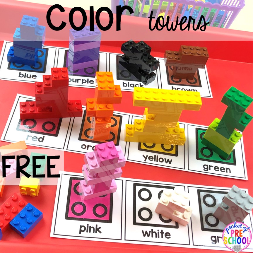 Color towers freebie for toddlers, preschool and prek! Plus more fun color activities for art, sensory, letters, math, fine motor, and science!