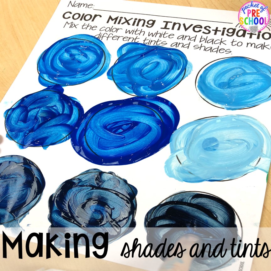 Color mixing worksheet about tints and shades! Plus more fun color mixing activities for the art center, science center, and small group! Your preschool, pre-k, and kindergarten students will LOVE exploring primary and secondary colors and practice various science skills as they explore.