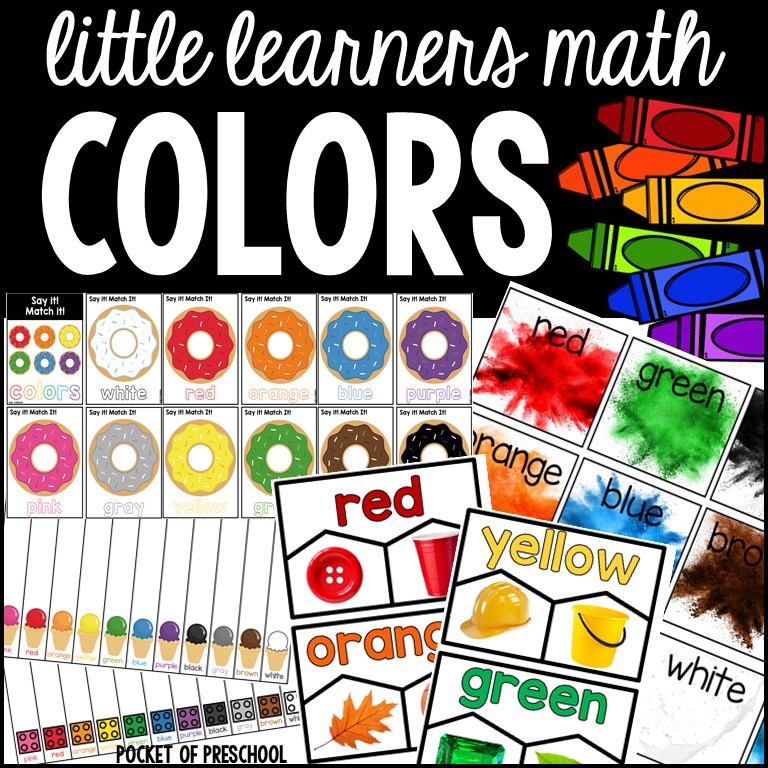 All about colors math unit for toddlers, preschool, pre-k, or kindergarten students.