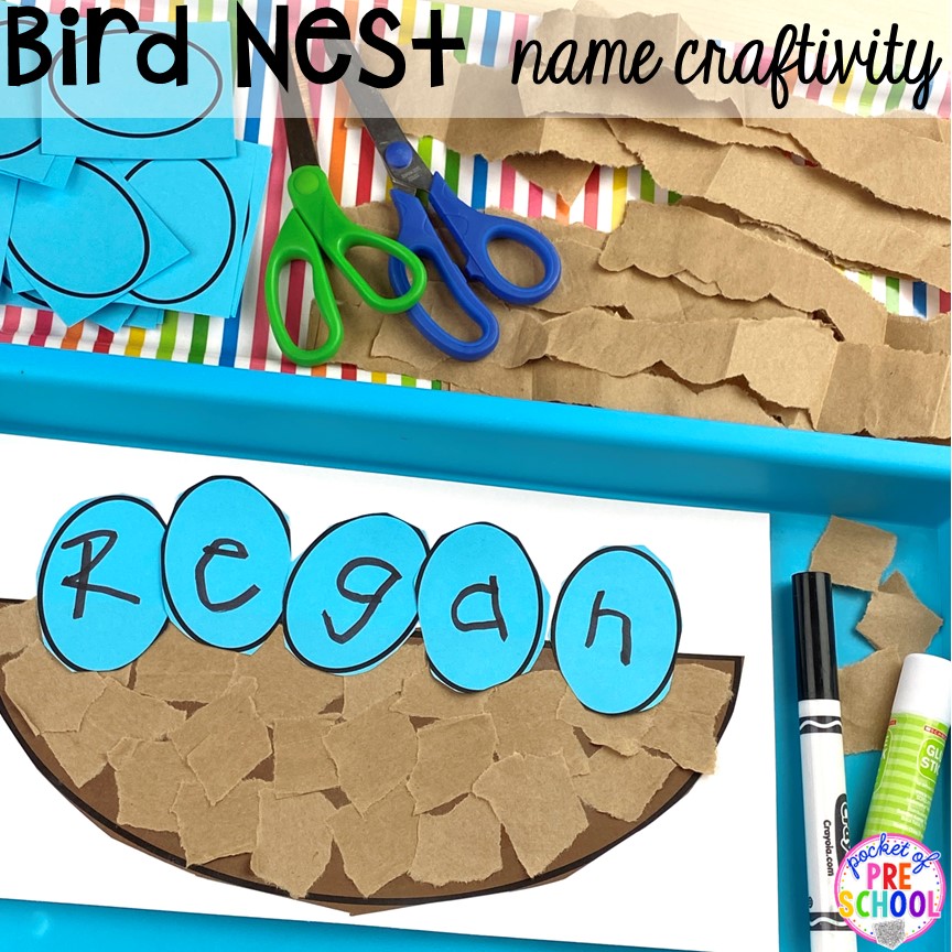 Bird nest name craftivity plus tons of Bird activities (literacy, math, fine motor, science) and FREE bird play dough mats perfect for preschool, pre-k, and kindergarten.