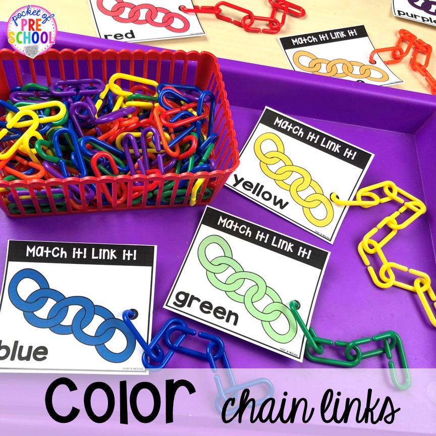 Color activity with chain links to practice fine motor skills and colors for preschool and pre-k! Plus more fun color activities for art, sensory, letters, math, fine motor, and science!