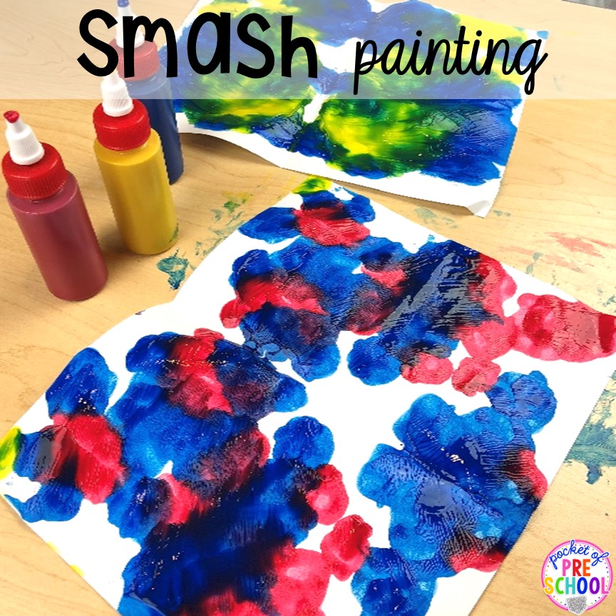 Smash painting is a fun way to explore mixing colors! Plus more fun color mixing activities for the art center, science center, and small group! Your preschool, pre-k, and kindergarten students will LOVE exploring primary and secondary colors and practice various science skills as they explore.