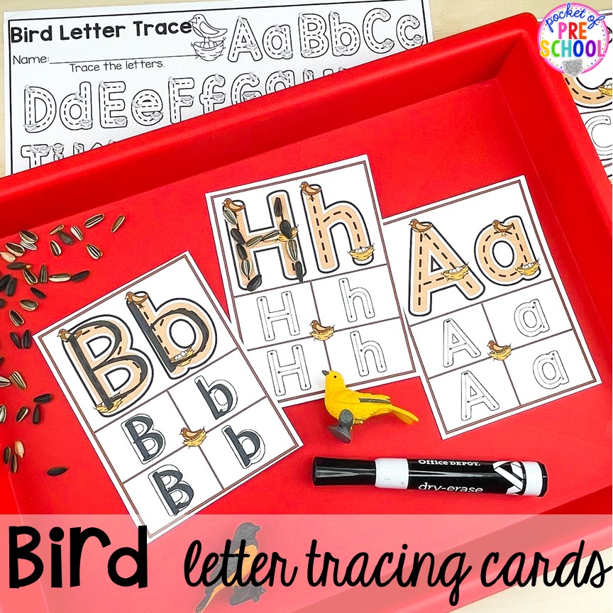 Bird letter tracing cards to practice letter formation plus tons of Bird activities (literacy, math, fine motor, science) and FREE bird play dough mats perfect for preschool, pre-k, and kindergarten.