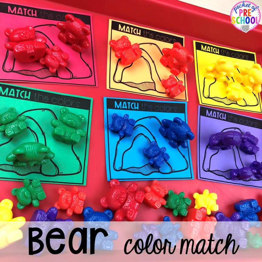 Bear color match game for preschool, pre-k, and toddler students. Plus more fun color activities for art, sensory, letters, math, fine motor, and science!