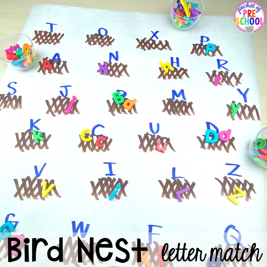 Bird nest letter match with magnet letters plus tons of Bird activities (literacy, math, fine motor, science) and FREE bird play dough mats perfect for preschool, pre-k, and kindergarten.