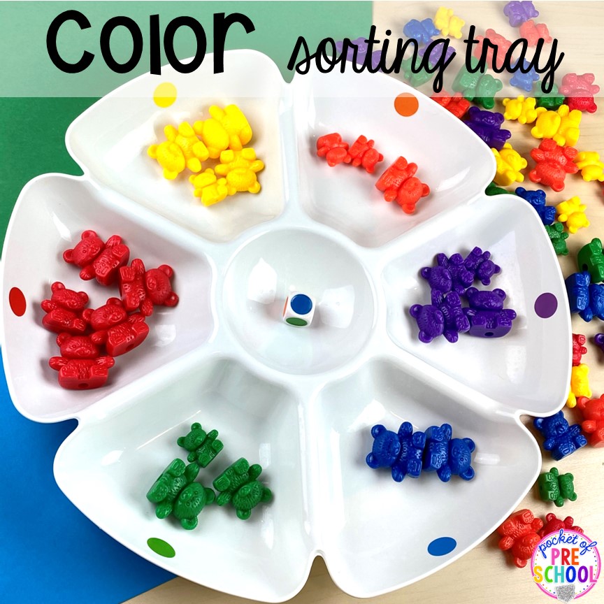 Color sorting tray for preschool, pre-k, and toddler students. Plus more fun color activities for art, sensory, letters, math, fine motor, and science!