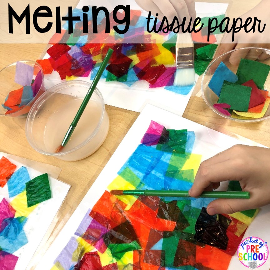 Melting tissue paper art activity is always a hit! Plus more fun color mixing activities for the art center, science center, and small group! Your preschool, pre-k, and kindergarten students will LOVE exploring primary and secondary colors and practice various science skills as they explore.