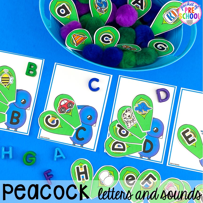 Peacock letters and sounds to practice letter identification and beginning sounds plus tons of Bird activities (literacy, math, fine motor, science) and FREE bird play dough mats perfect for preschool, pre-k, and kindergarten.