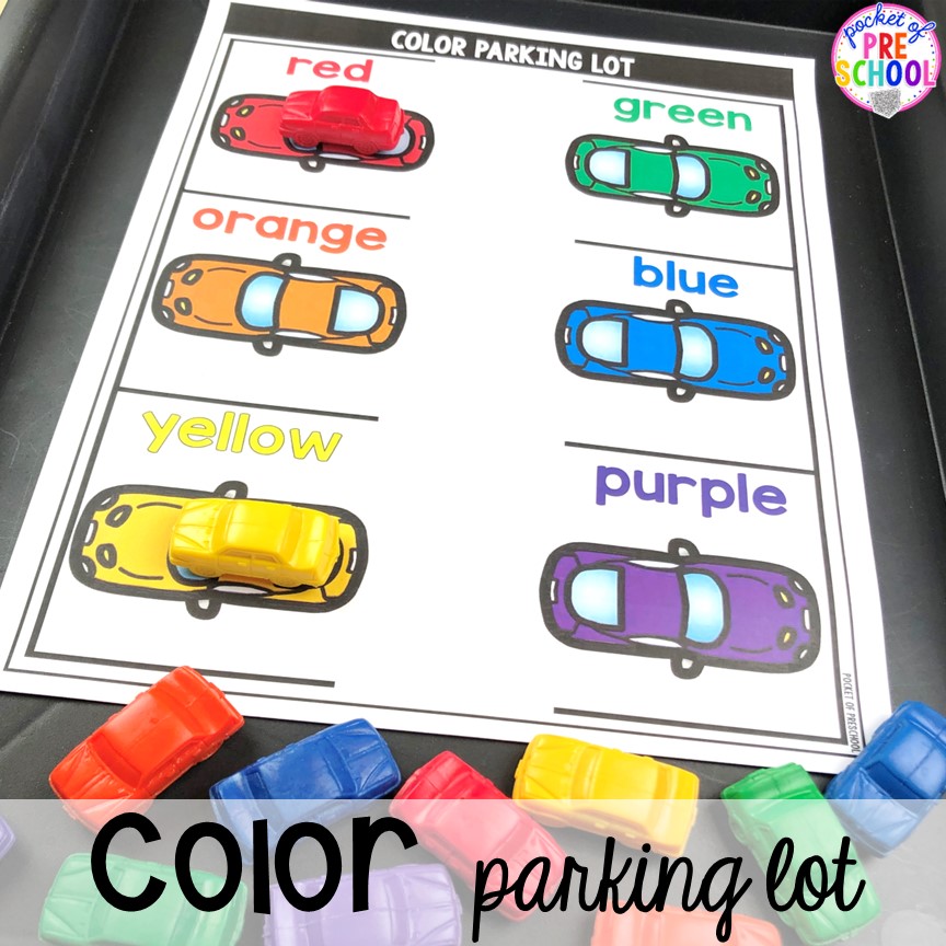 Color parking lot sort for preschool and pre-k! Plus more fun color activities for art, sensory, letters, math, fine motor, and science!