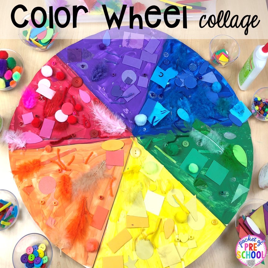 GIANT Color wheel collage! Plus more fun color mixing activities for the art center, science center, and small group! Your preschool, pre-k, and kindergarten students will LOVE exploring primary and secondary colors and practice various science skills as they explore.