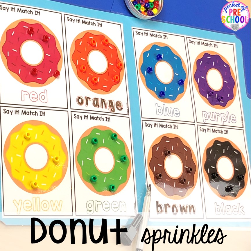 Donut color sprinkles sorting game for preschool and pre-k! Plus more fun color activities for art, sensory, letters, math, fine motor, and science!