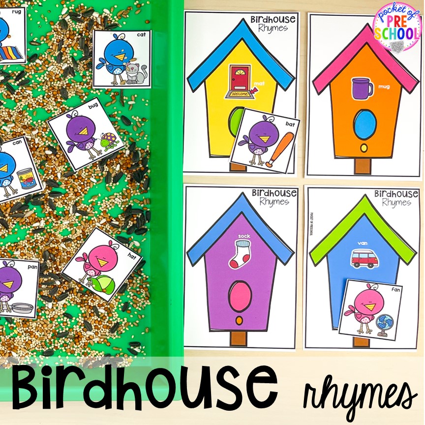 Birdhouse rhyming game plus tons of Bird activities (literacy, math, fine motor, science) and FREE bird play dough mats perfect for preschool, pre-k, and kindergarten.