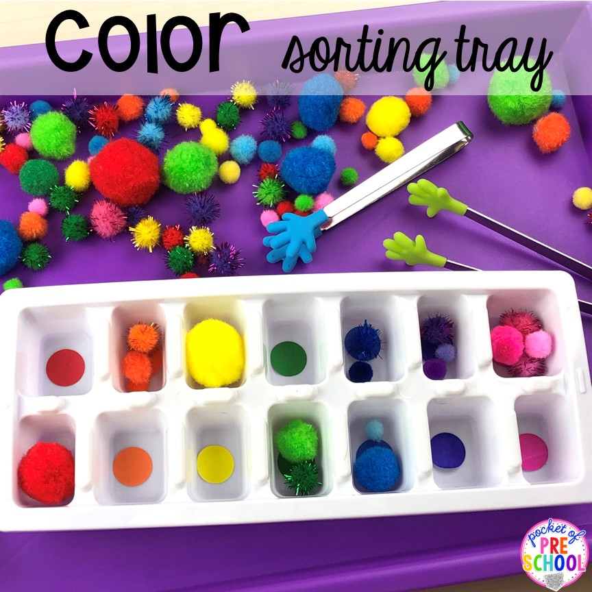 Color sorting tray using an ice cube tray for preschool, pre-k, and toddlers. Plus more fun color activities for art, sensory, letters, math, fine motor, and science!