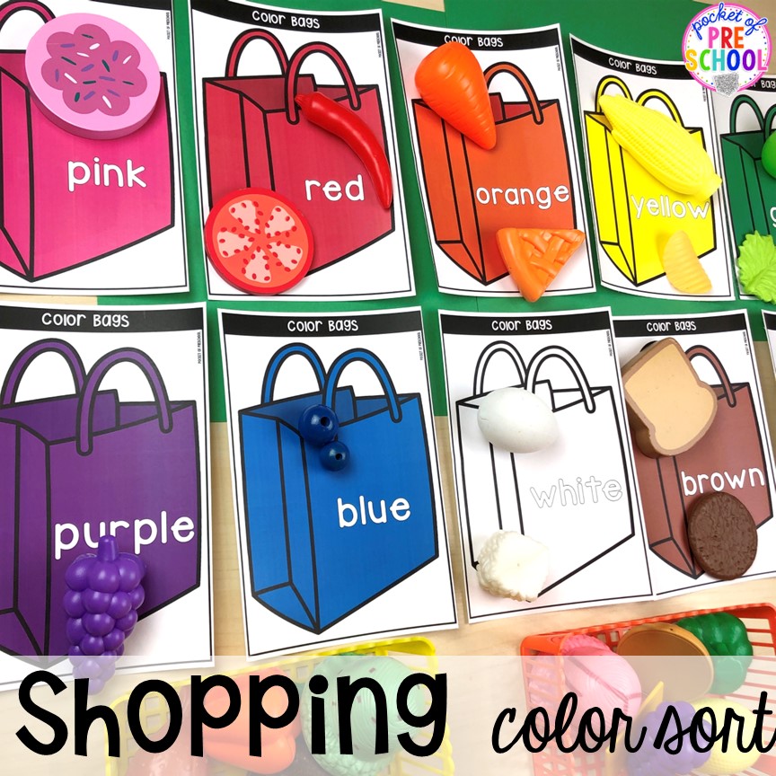Shopping bag color sort for for preschool and pre-k! Plus more fun color activities for art, sensory, letters, math, fine motor, and science!