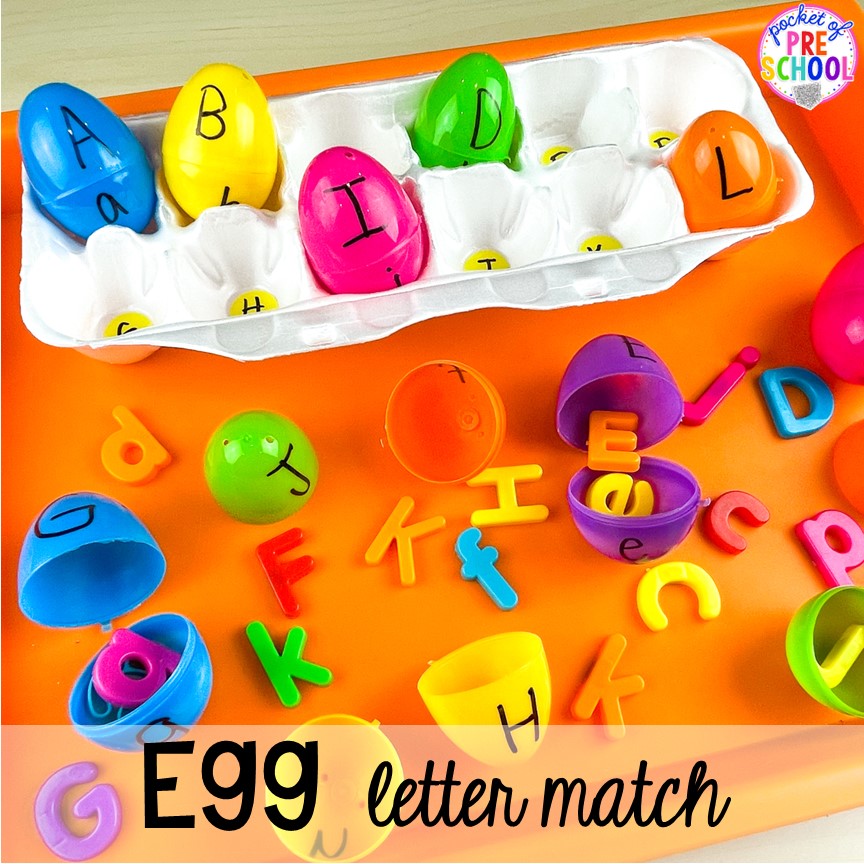 Egg letter match with plastic eggs and letter manipulatives plus tons of Bird activities (literacy, math, fine motor, science) and FREE bird play dough mats perfect for preschool, pre-k, and kindergarten.