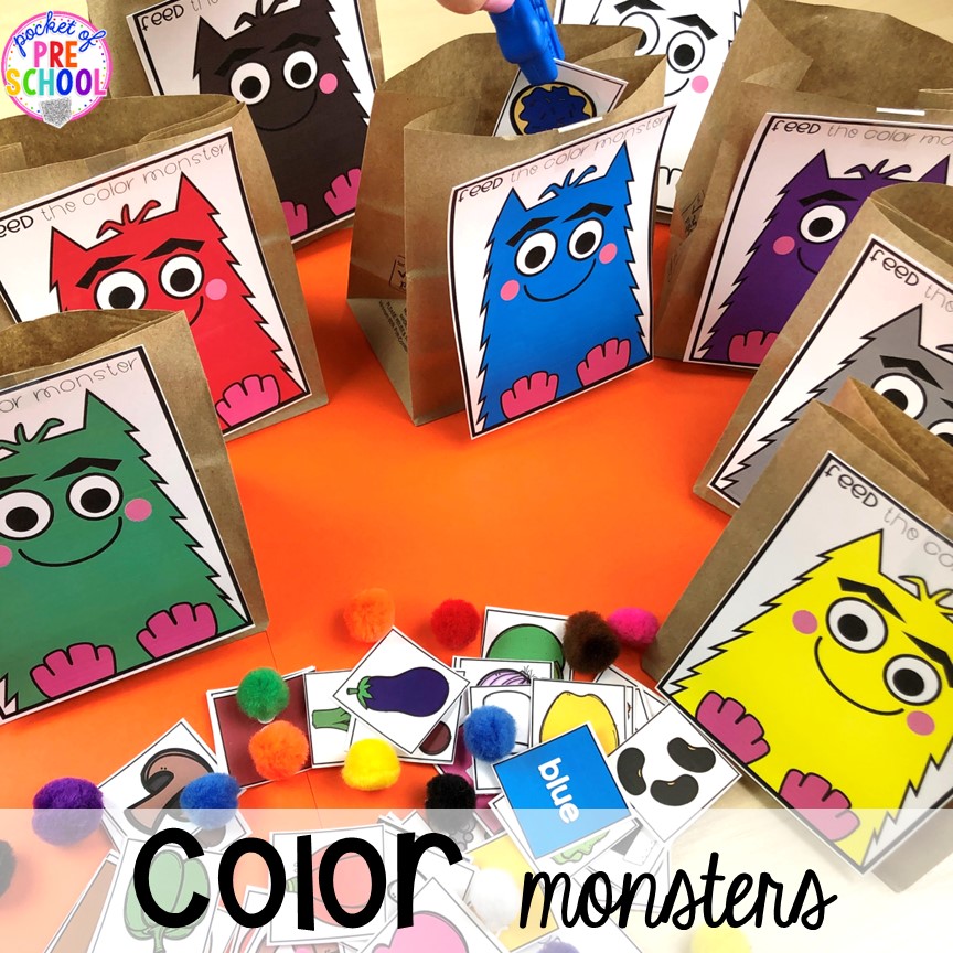 Feed the color monsters for preschool, pre-k, and toddler students. Plus more fun color activities for art, sensory, letters, math, fine motor, and science!