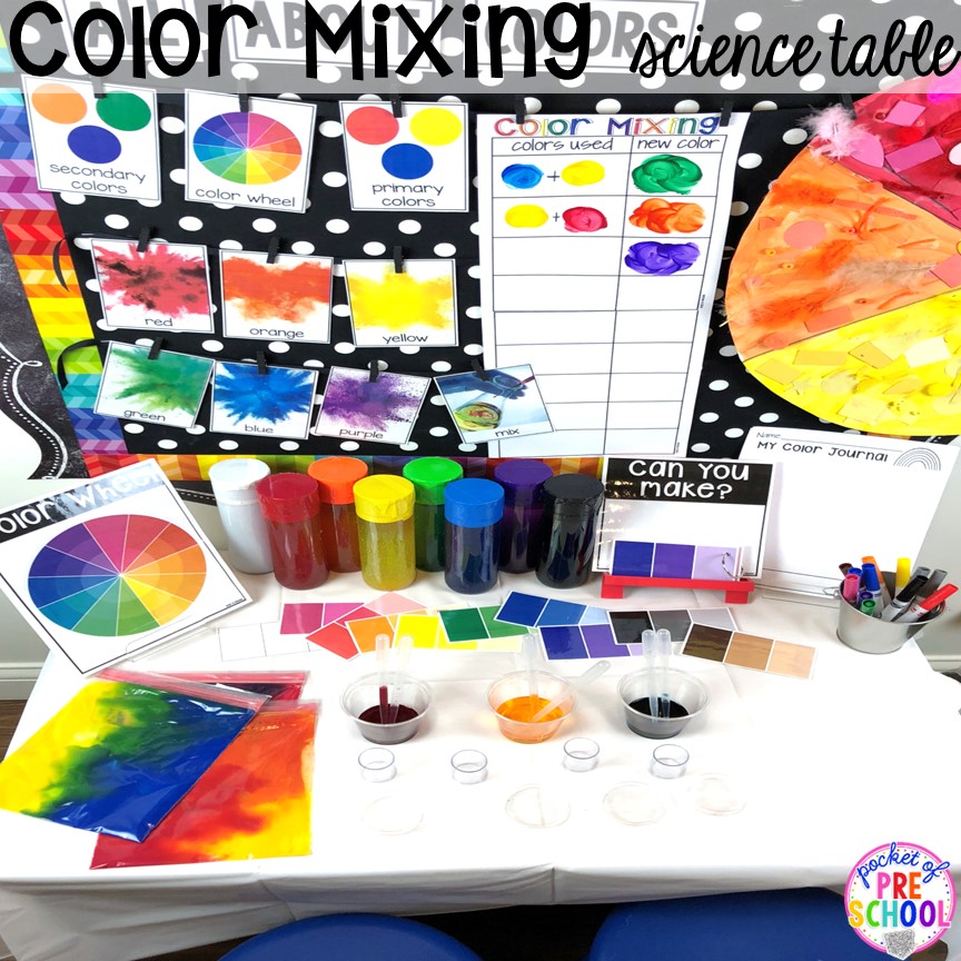 Color mixing science table set up! Plus more fun color mixing activities for the art center, science center, and small group! Your preschool, pre-k, and kindergarten students will LOVE exploring primary and secondary colors and practice various science skills as they explore.