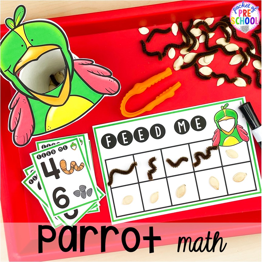 Parrot Feed Me! to practice counting, ten frames, and addition skills plus tons of Bird activities (literacy, math, fine motor, science) and FREE bird play dough mats perfect for preschool, pre-k, and kindergarten.