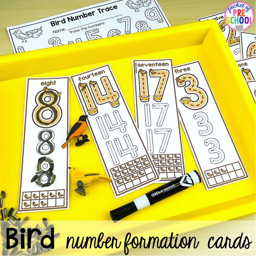 Bird number formation cards to practice writing numbers plus tons of Bird activities (literacy, math, fine motor, science) and FREE bird play dough mats perfect for preschool, pre-k, and kindergarten.