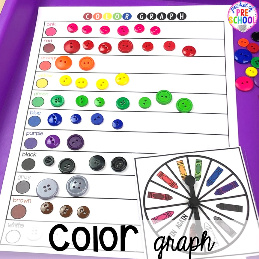 Color graph activity! Spin and sort by color for preschool, pre-k, and toddlers. Plus more fun color activities for art, sensory, letters, math, fine motor, and science!