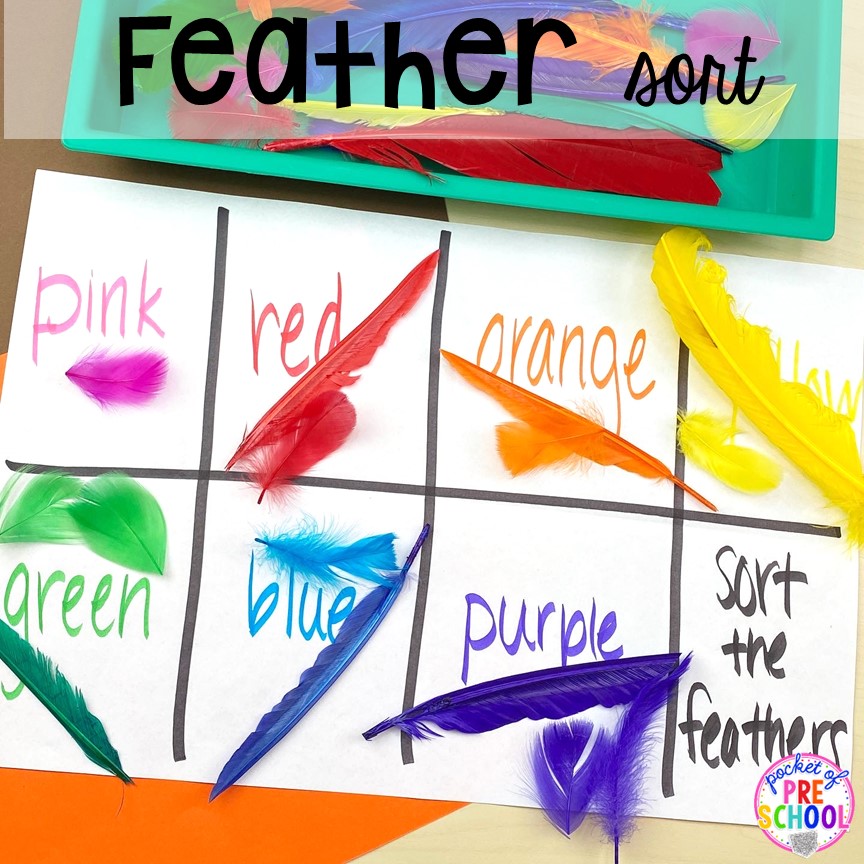 Feather sort to practice sorting by color plus tons of Bird activities (literacy, math, fine motor, science) and FREE bird play dough mats perfect for preschool, pre-k, and kindergarten.