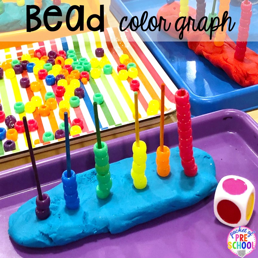 Make a bead color graph with play dough, colored matchsticks, and pony beads for preschool and prek! Plus more fun color activities for art, sensory, letters, math, fine motor, and science!