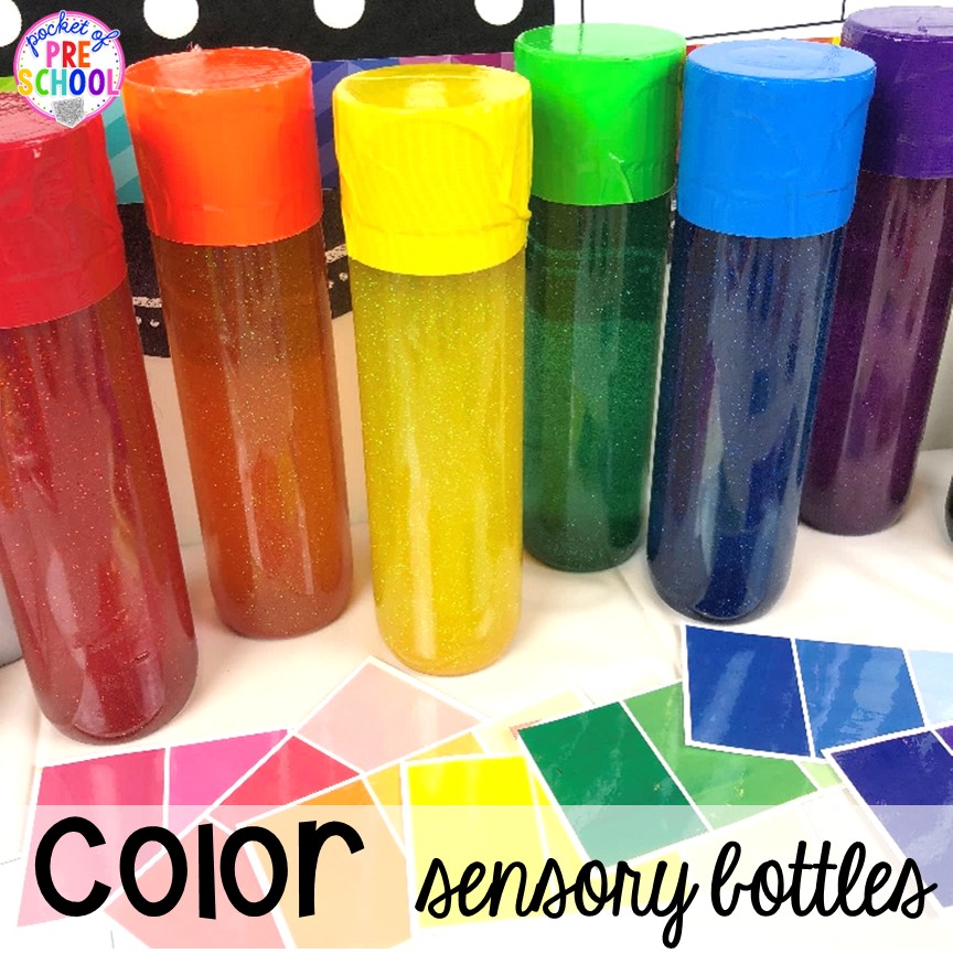 Color sensory bottles are so simple to make but can have a strong impact on preschool and pre-k kids! Plus more fun color activities for art, sensory, letters, math, fine motor, and science!