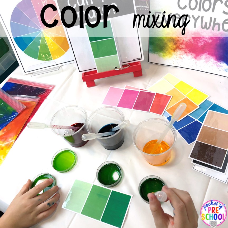 Color mixing with colored water! Plus more fun color mixing activities for the art center, science center, and small group! Your preschool, pre-k, and kindergarten students will LOVE exploring primary and secondary colors and practice various science skills as they explore.