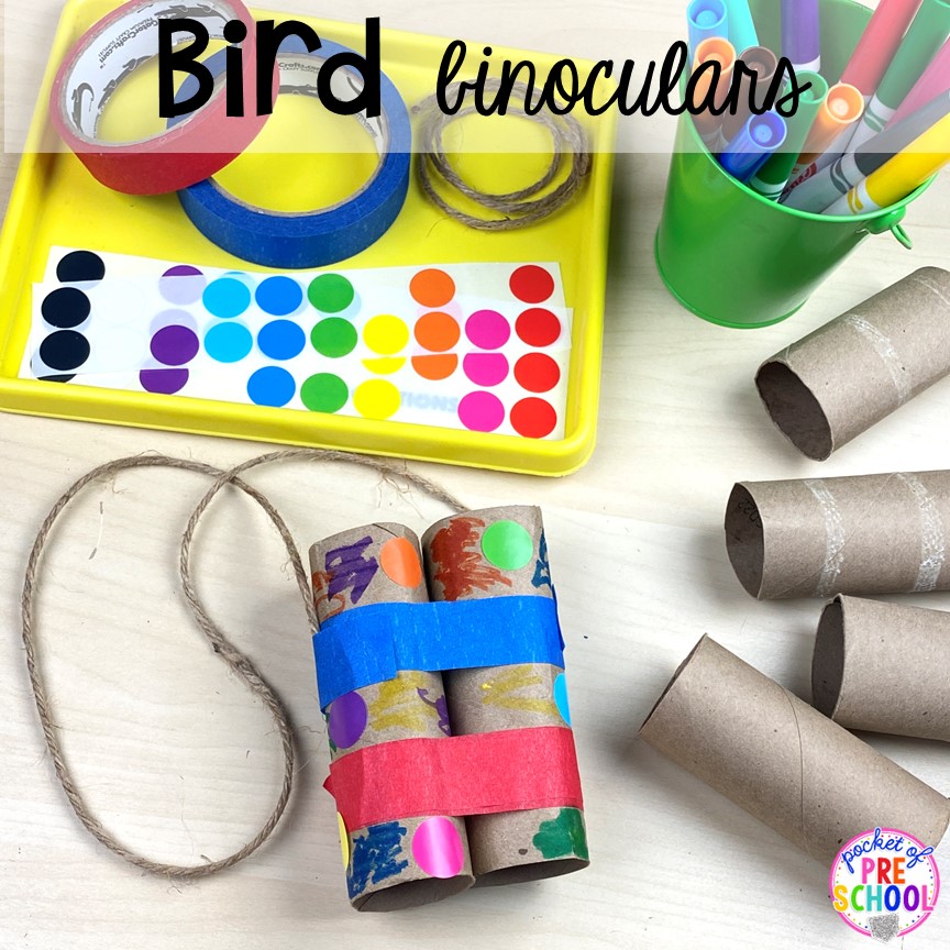 DIY Bird binoculars are simple to make and so much fun plus tons of Bird activities (literacy, math, fine motor, science) and FREE bird play dough mats perfect for preschool, pre-k, and kindergarten.
