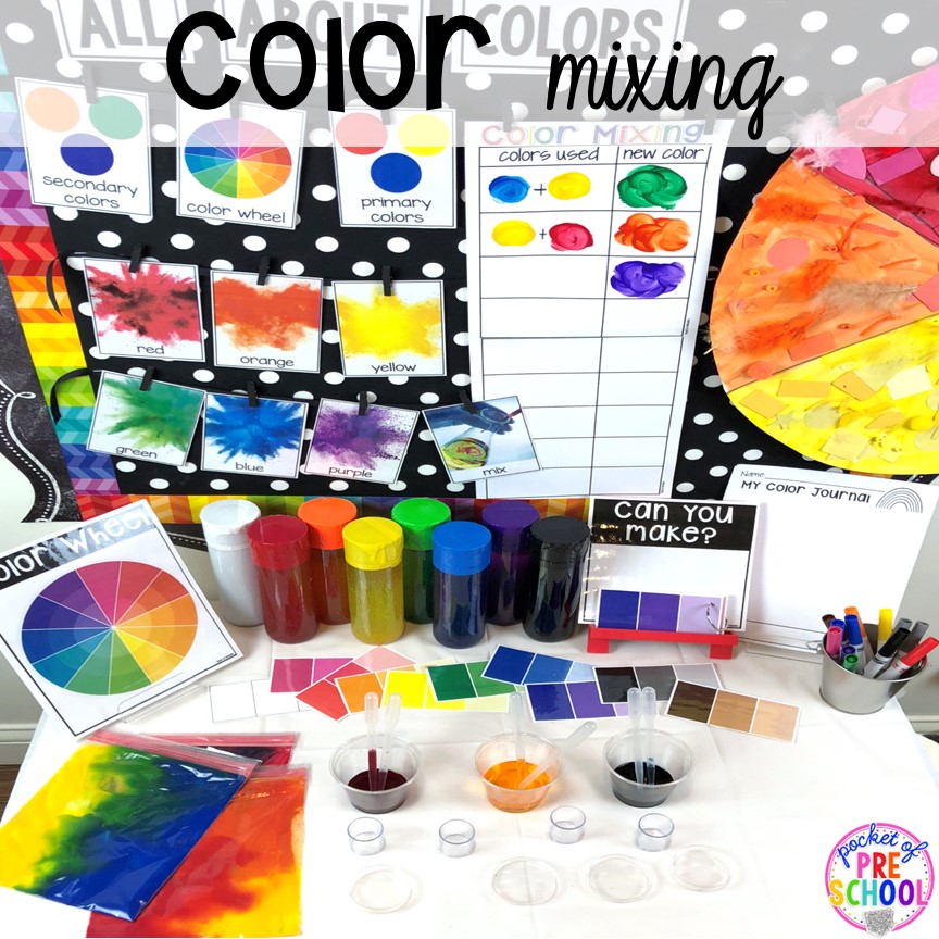 Color mixing science experiments for preschool, pre-k, and toddler students. Plus more fun color activities for art, sensory, letters, math, fine motor, and science!