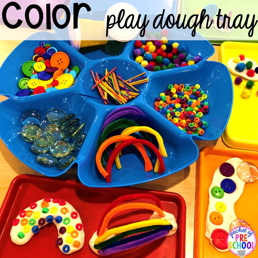 Color play dough tray for preschool, pre-k, and toddler students. Plus more fun color activities for art, sensory, letters, math, fine motor, and science!