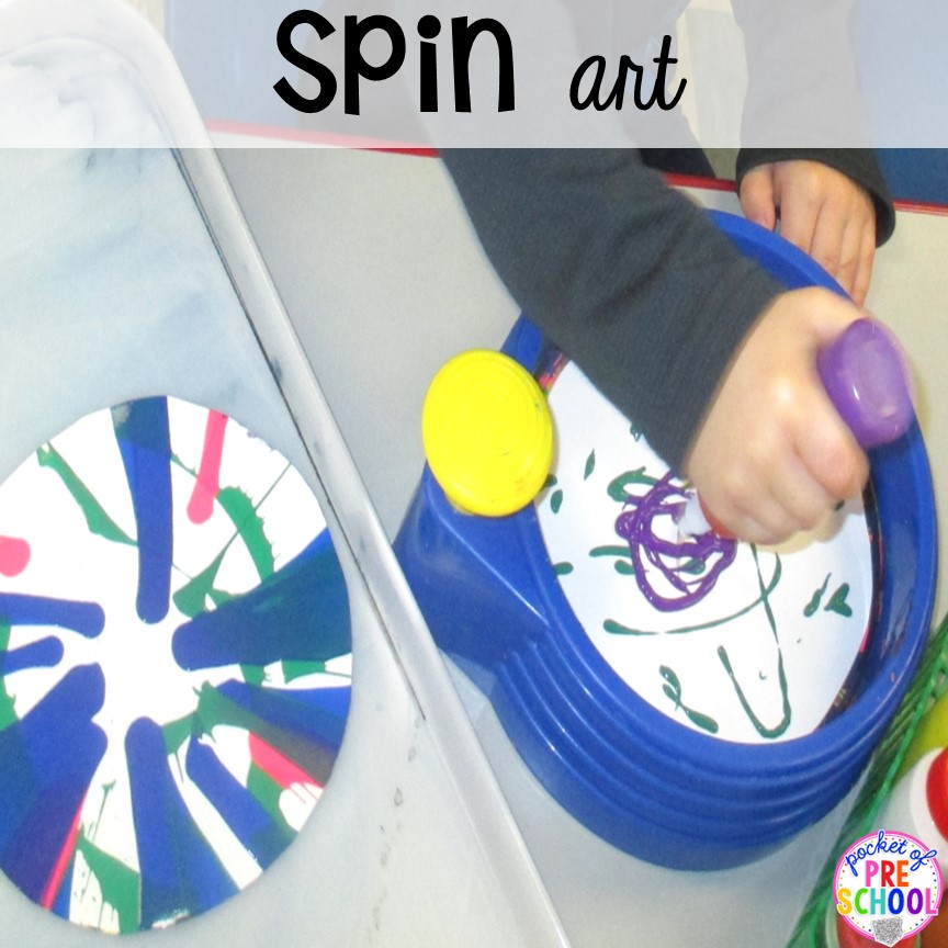 Create rainbow art with a spin art station for toddlers, preschool, and pre-k students. Plus more fun color activities for art, sensory, letters, math, fine motor, and science!