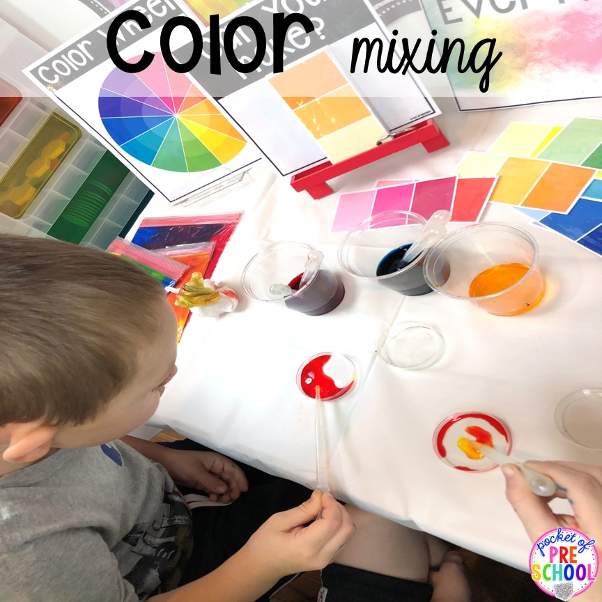 Color mixing with colored water and droppers! Plus more fun color mixing activities for the art center, science center, and small group! Your preschool, pre-k, and kindergarten students will LOVE exploring primary and secondary colors and practice various science skills as they explore.