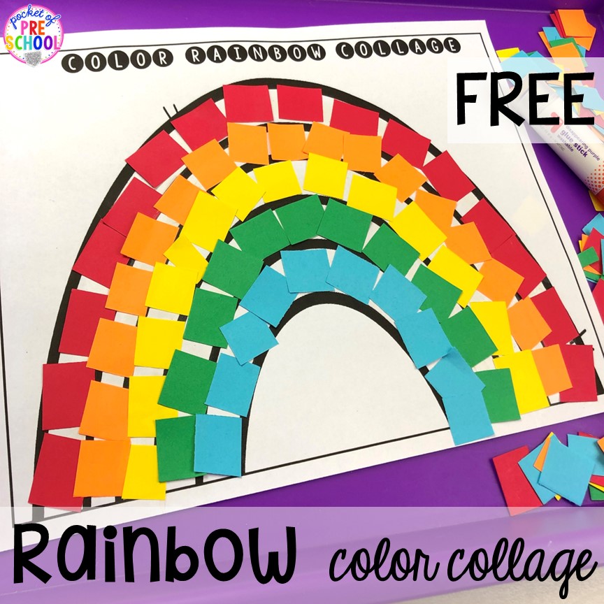 Color Rainbow Art Collage Freebie for preschool and prek! Plus more fun color activities for art, sensory, letters, math, fine motor, and science!