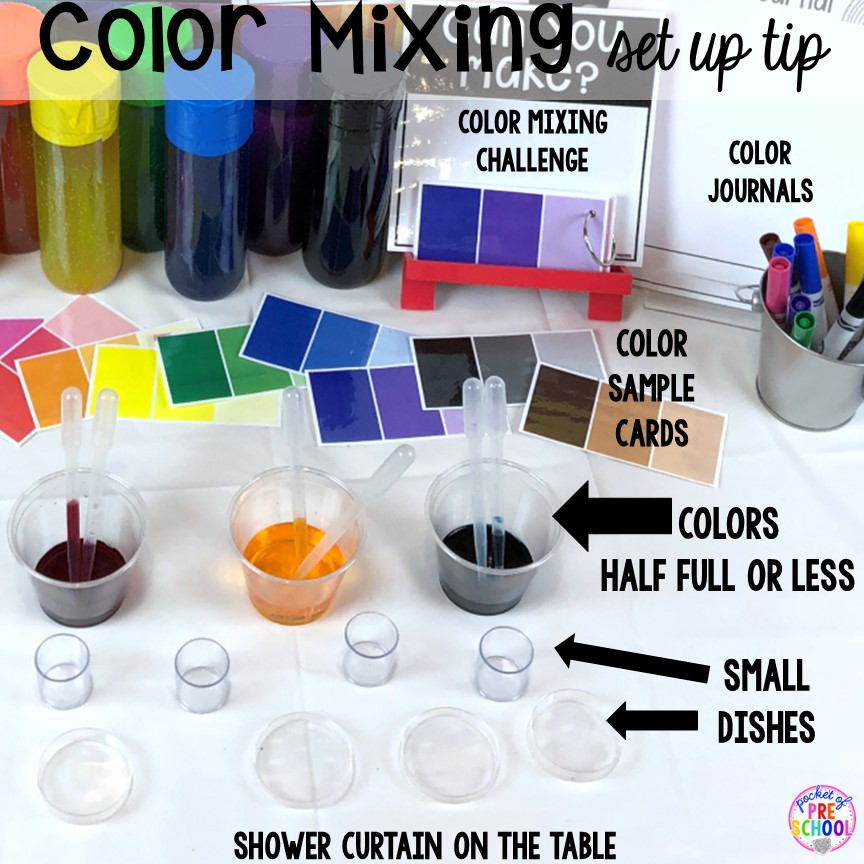 Color mixing set up tips! Plus more fun color mixing activities for the art center, science center, and small group! Your preschool, pre-k, and kindergarten students will LOVE exploring primary and secondary colors and practice various science skills as they explore.
