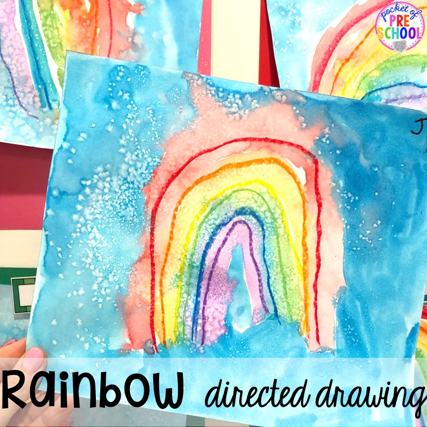 Rainbow directed drawing for for preschool and prek! Plus more fun color activities for art, sensory, letters, math, fine motor, and science!