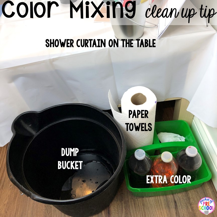 Color mixing clean up tips to use with the color mixing science experiment. Plus more fun color mixing activities for the art center, science center, and small group! Your preschool, pre-k, and kindergarten students will LOVE exploring primary and secondary colors and practice various science skills as they explore.