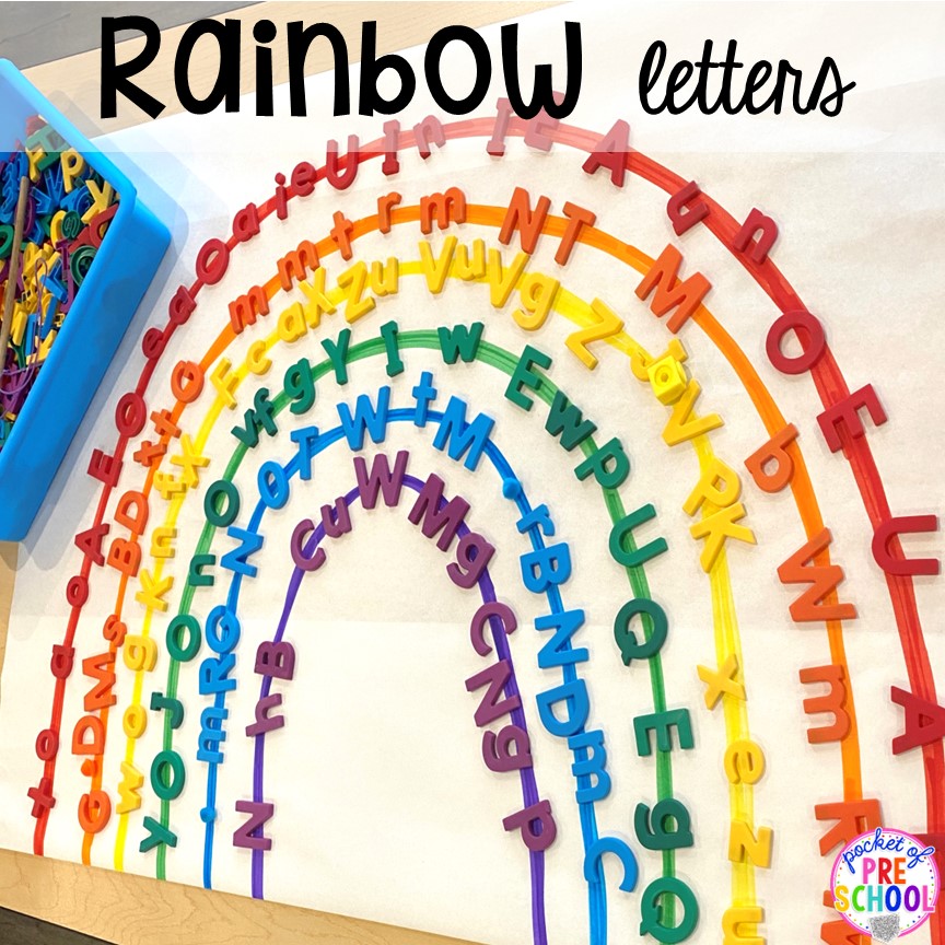 Rainbow letters activity to practice colors and sorting letters for preschool and prek! Plus more fun color activities for art, sensory, letters, math, fine motor, and science!