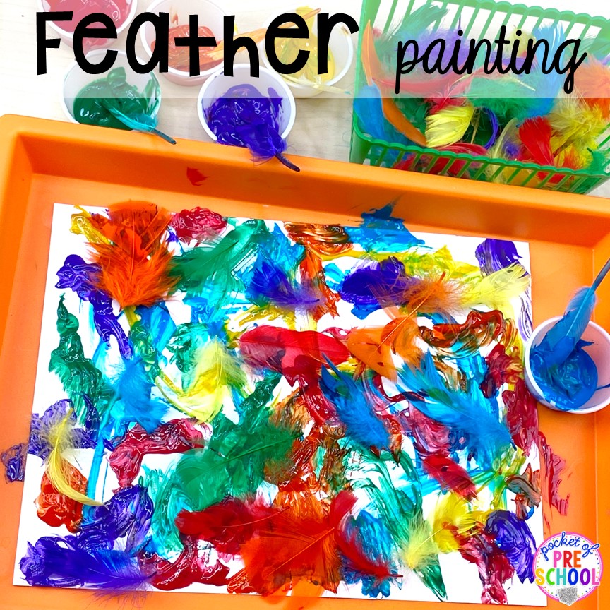 Use feathers to create a painting (open ended art activity) plus tons of Bird activities (literacy, math, fine motor, science) and FREE bird play dough mats perfect for preschool, pre-k, and kindergarten.
