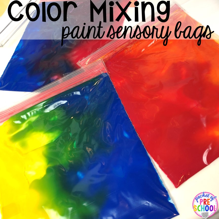 Color mixing paint sensory bags! Plus more fun color mixing activities for the art center, science center, and small group! Your preschool, pre-k, and kindergarten students will LOVE exploring primary and secondary colors and practice various science skills as they explore.