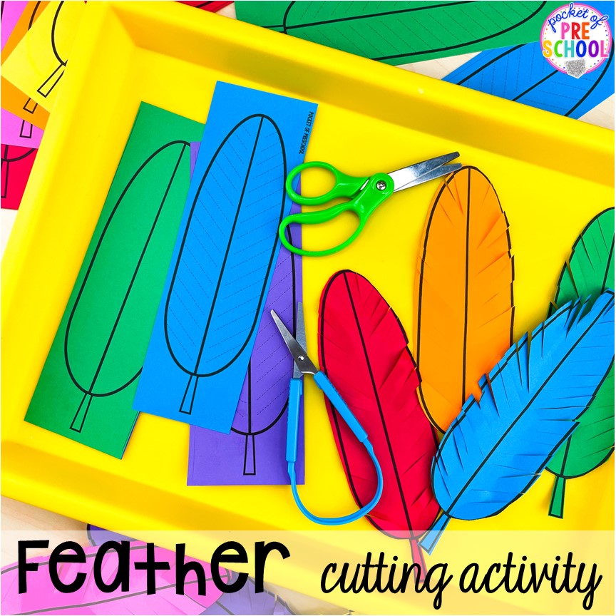 Practice scissor skills with this feather cutting activity plus tons of Bird activities (literacy, math, fine motor, science) and FREE bird play dough mats perfect for preschool, pre-k, and kindergarten.