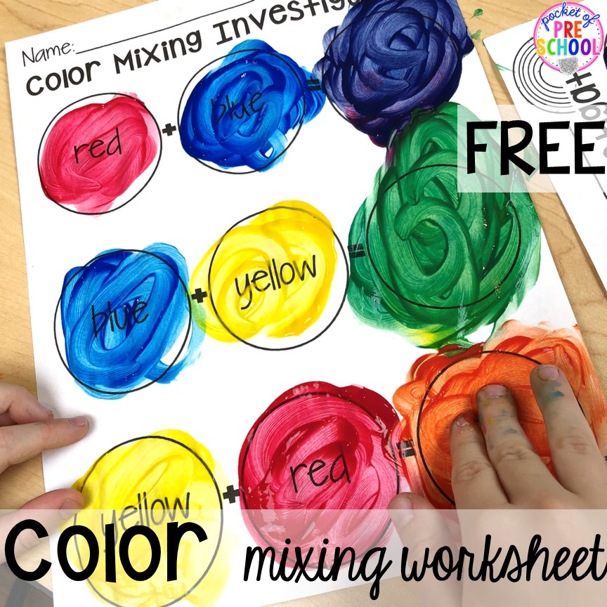FREE Color mixing worksheet! Plus more fun color mixing activities for the art center, science center, and small group! Your preschool, pre-k, and kindergarten students will LOVE exploring primary and secondary colors and practice various science skills as they explore.