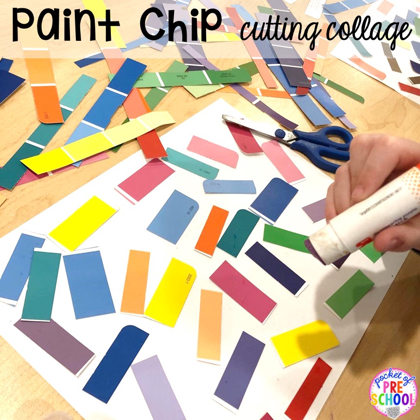 Paint chip cutting collage for preschool and prek! Plus more fun color activities for art, sensory, letters, math, fine motor, and science!