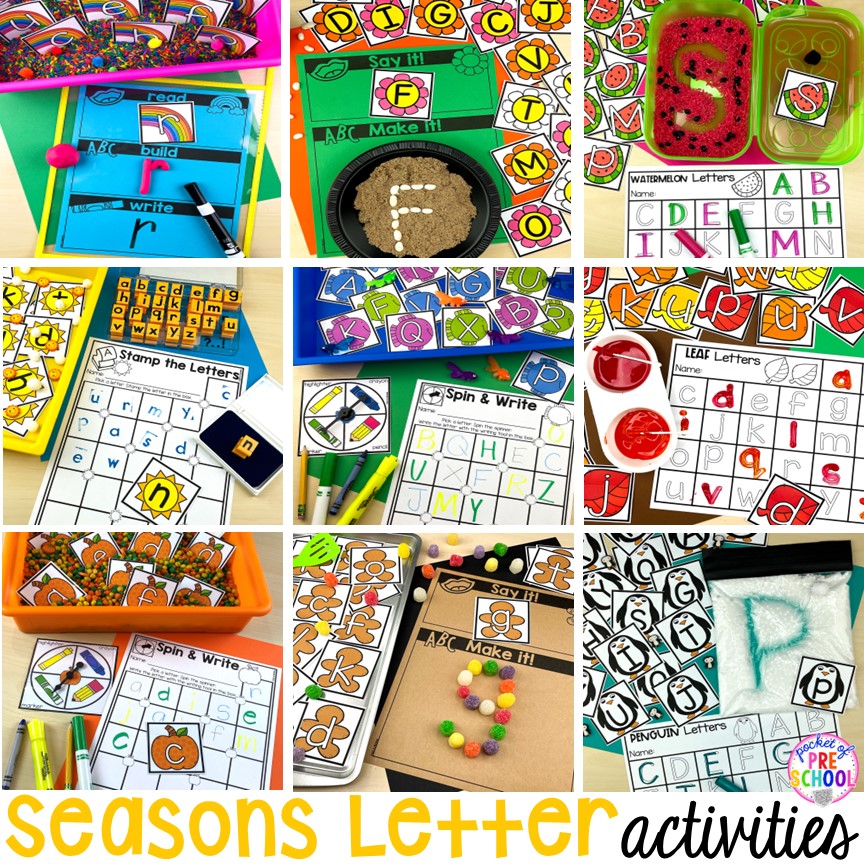 Seasons letter card activities and letter games to make learning letters fun (fall, winter, spring, summer)! Perfect for preschool, pre-k, and kindergarten.