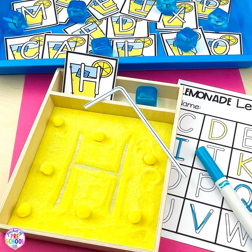 Lemonade letter writing sensory tray! A fun letter activity to learn letters and letter formation for preschool, pre-k, or kindergarten students. 