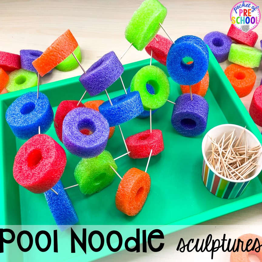 Pool noodle 3D sculptures with toothpicks! Plus 15 more pool noodle activities that TEACH literacy, math, science, STEM, art, fine motor, and more for preschool, pre-k, and kindergarten.