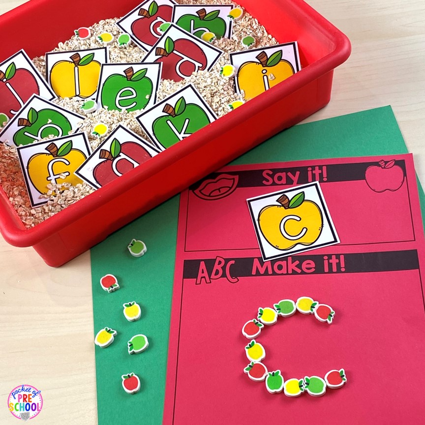Fall apple say it, make it letter game! A fun letter activity to learn letters and letter formation for preschool, pre-k, or kindergarten students.